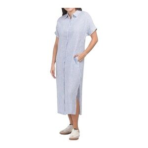 Lucky Brand Linen Blue and White Striped Button Down Midi Dress